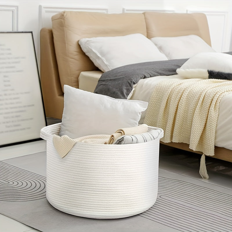 Large storage basket made from woven rope, perfect for blankets in the living room, toys in the children's room, dirty laundry in the laundry room, and bedroom organization.