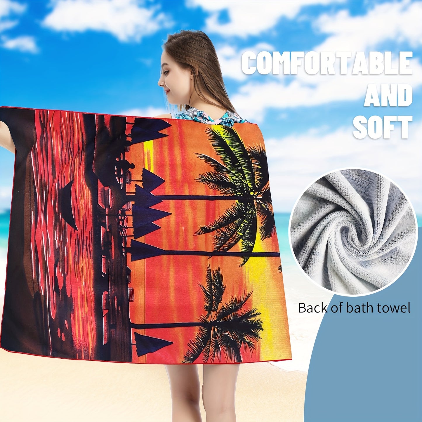 Tropical-themed microfiber beach towels (27.5”x 55”) with vibrant ocean prints. Quick-drying, soft, and absorbent. Ideal for swimming, surfing, yoga, camping, and fitness. Compact and lightweight.