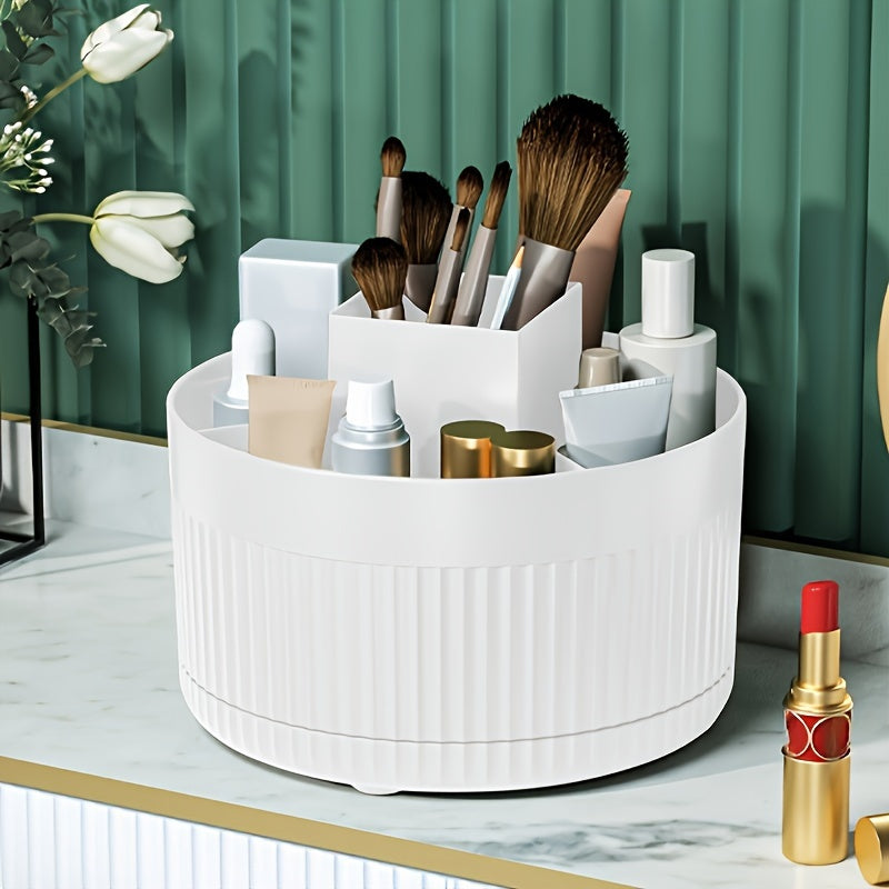 Multi-functional plastic cosmetic storage box spins for easy access to makeup, brushes, skincare, and more on bathroom countertops.