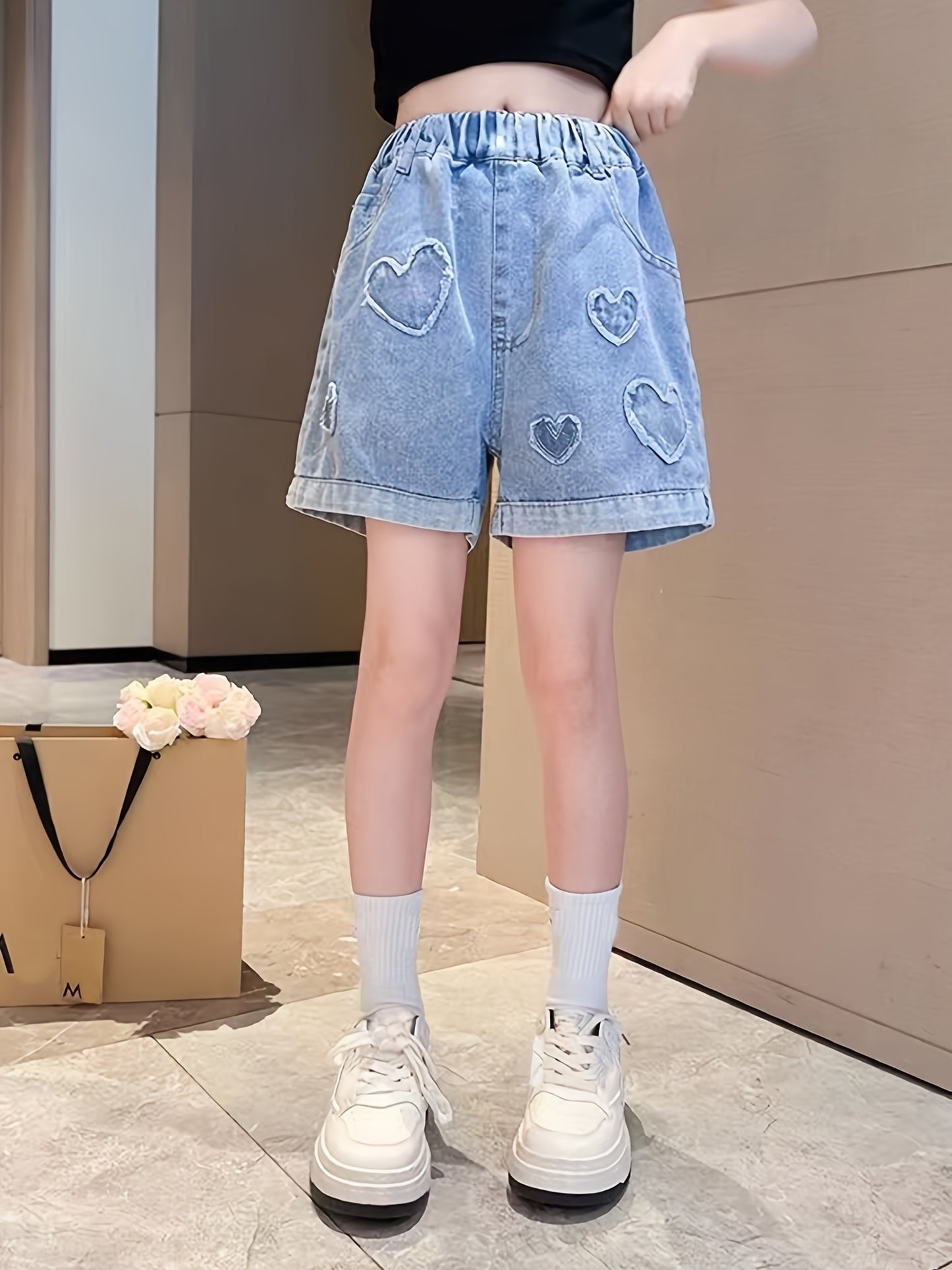 Girls Pull-on Jean Shorts with Heart Patches