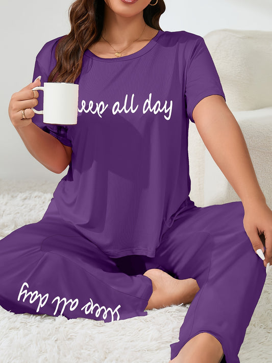 Women's Plus Size Casual Lounge Set with Slogan Print Tee & Pants