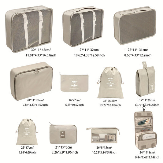 Travel organizer set with foldable packing cubes, toiletry bag, digital storage pouches, and drawstring luggage bags for efficient packing on trips in multiple sizes and colors.