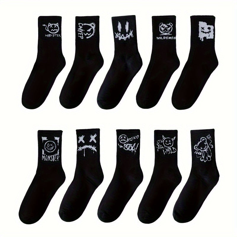 10 Pairs Unisex Skateboard Socks with Trendy Prints for Men & Women, Perfect for Basketball and Outdoor Activities - Breathable and Sweat-Absorbent. Trendy designs like Bears, Monsters, and