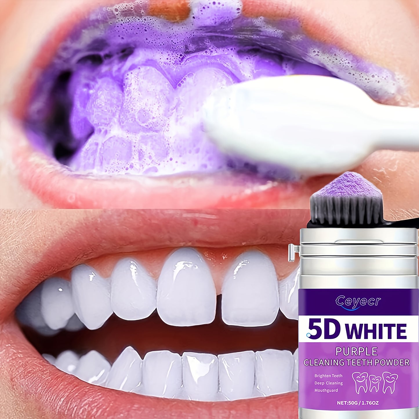 1pc CEYECR 5D White Purple Teeth Whitening Powder - Natural Pearl Formula, 50g - Ideal for Daily Use & Travel, Men & Women, Fresh Breath & Deep Cleaning.