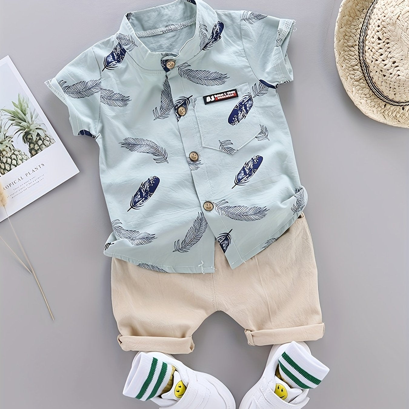 Baby boys' casual feather pattern shirt and shorts set for outdoor wear.