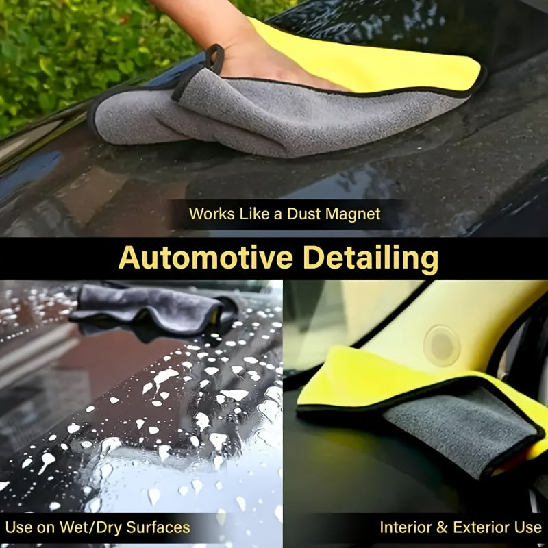 A set of premium ultra-fine microfiber car cleaning cloths that are extremely absorbent for washing, drying, and cleaning tasks in various settings like home, kitchen, bathroom, windows, and automotive maintenance. Perfect versatile cleaning tools for