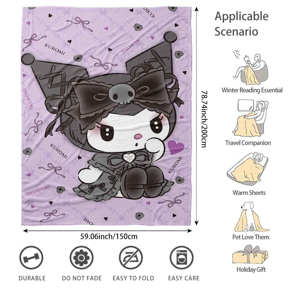 Get cozy with the Sanrio Kuromi Flannel Fleece Blanket featuring a vibrant digital print cartoon pattern. This all-season multipurpose throw is perfect for the living room, bedroom, camping, or travel. Made of 100% polyester, this blanket weighs