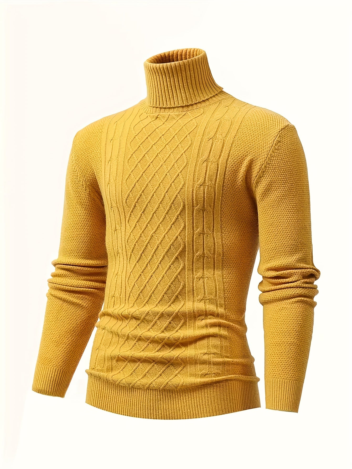 Men's cable knit turtleneck sweater for fall/winter, warm and stretchy pullover with solid color, long sleeves, blend fabric.