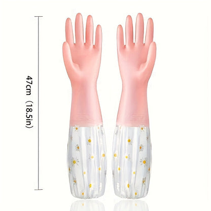 These chic small daisy-patterned rubber cuff gloves are perfect for household chores and kitchen cleaning. Made of durable rubber latex with a non-slip design, they are both elegant and practical.