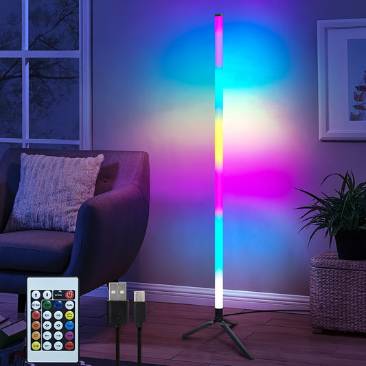 Corner LED light with smart remote, RGB color options, USB-powered, four modes, perfect for music, gaming, and festive bedroom decor.