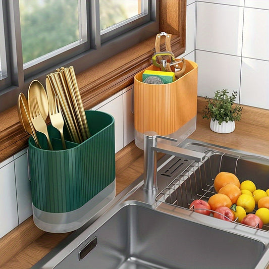 Kitchen Utensil Organizer: Wall-Mounted Holder for Chopsticks, Spoons, and Forks - Features Drainage System and Durable Plastic Storage Caddy