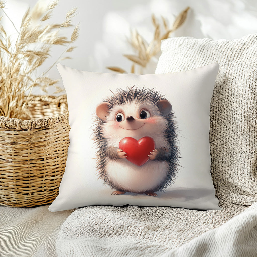 Hedgehog & heart print throw pillow cover, 44.96x44.96cm - Ideal for living room or bedroom decor. Made of machine washable polyester with zip closure. Insert not included.