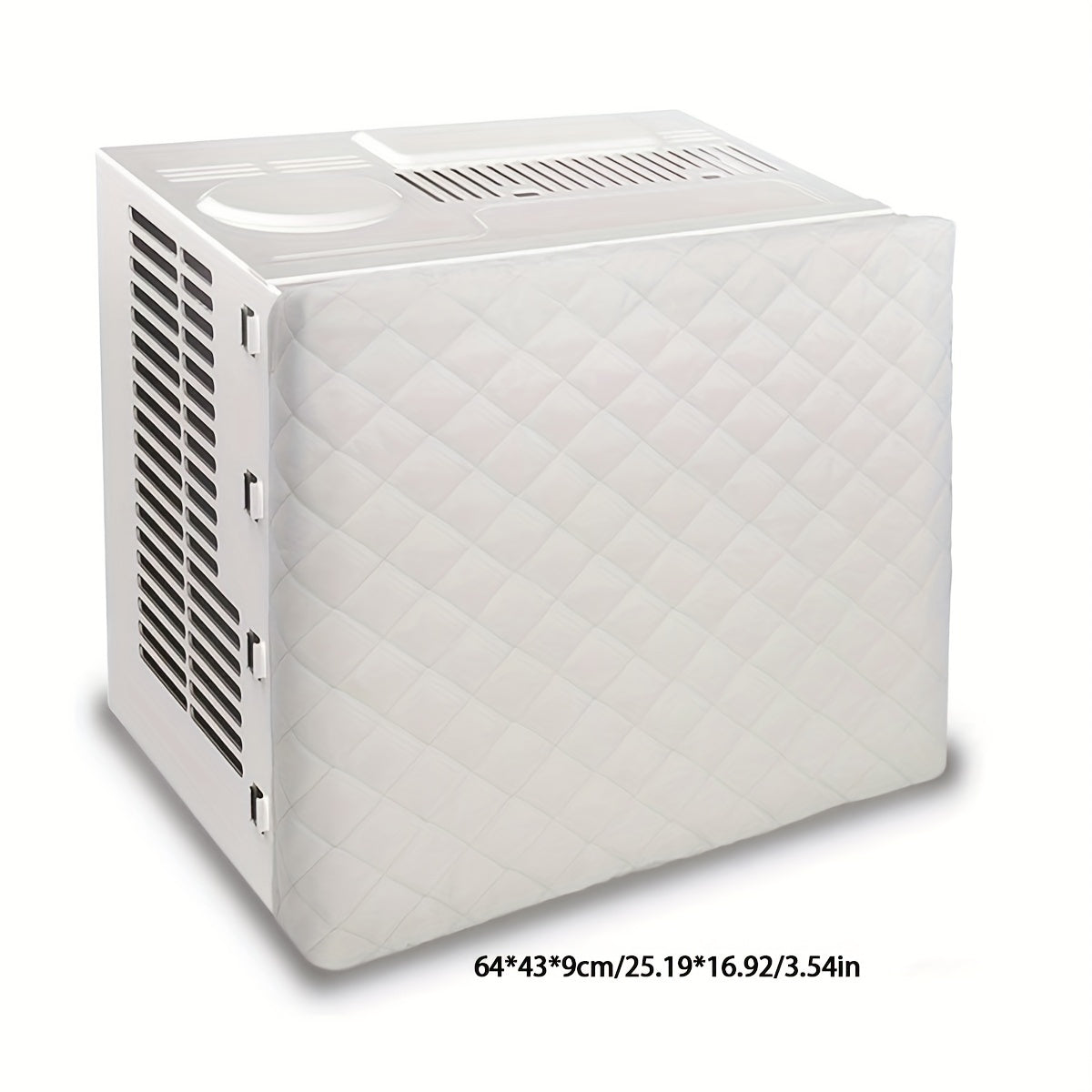 Quilted air conditioner dust cover with fitted elastic for indoor heat insulation. Made of polyurethane and polypropylene materials, no power supply required.