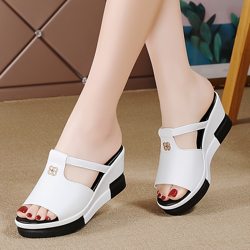 Women's Contrast Color Wedge Sandals with Cut-out Peep Toe and Slip On Platform for Casual Summer.