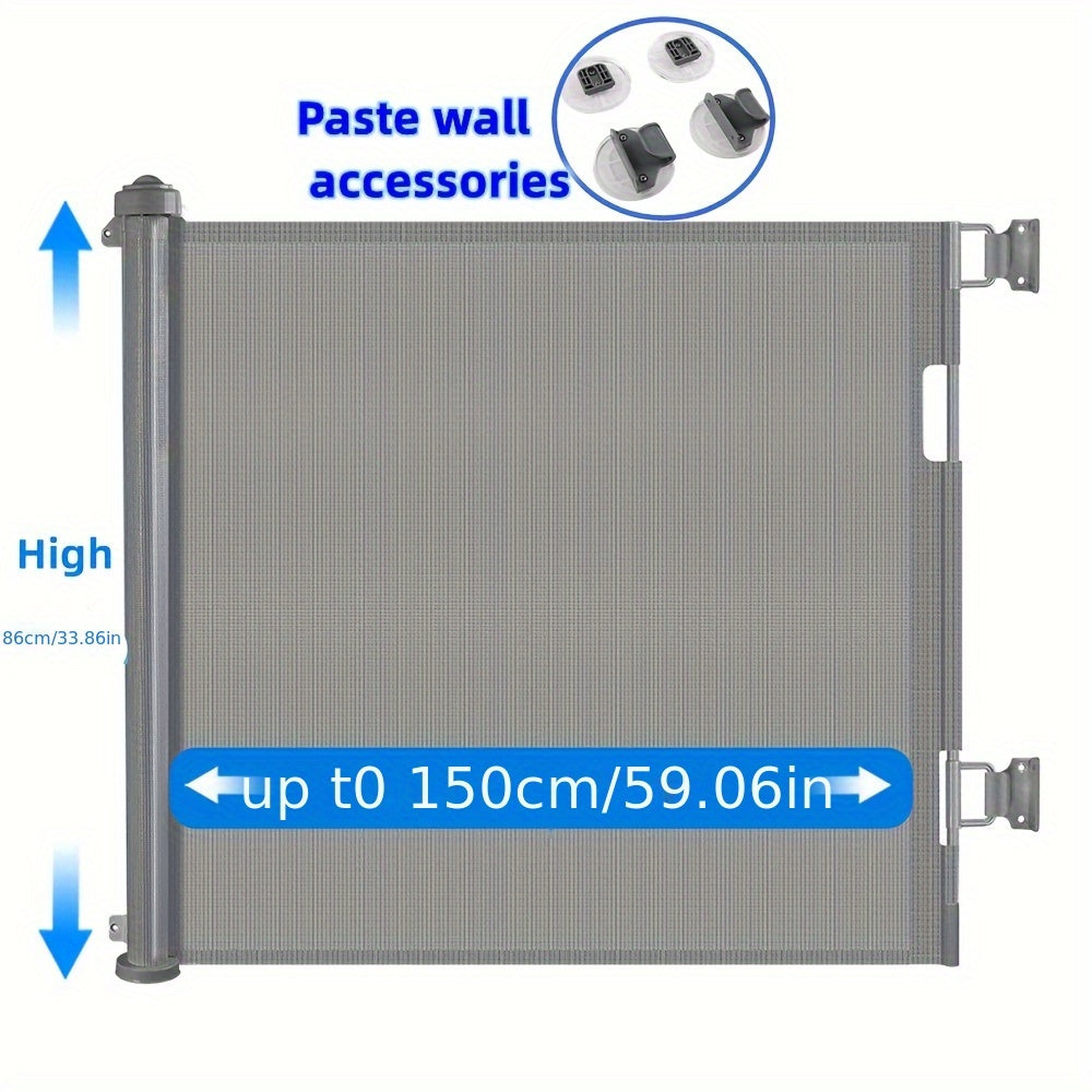 Get the 1pc Extra Wide Retractable Safety Gate for Children and Pets. It stands at 86.36cm tall and can expand up to 149.86cm wide. Made with durable polyester mesh, this gate doesn't require any assembly and can be easily mounted indoors or outdoors.