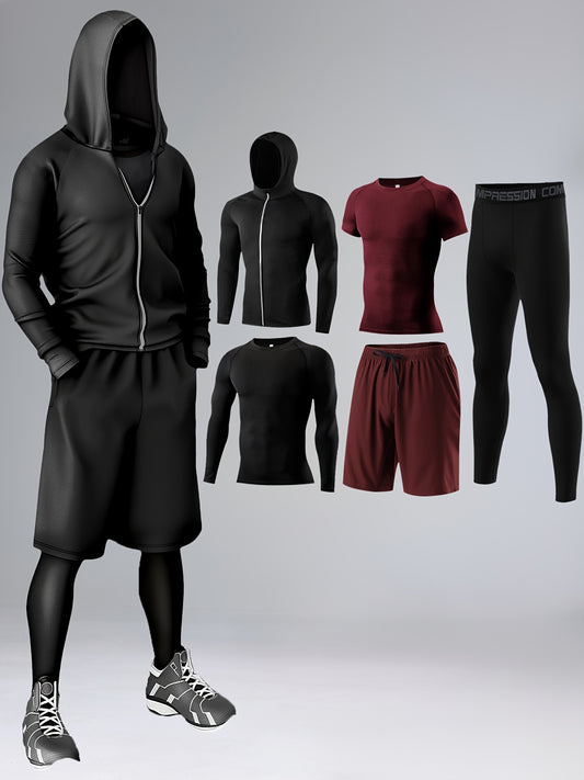 5-piece athletic sportswear set made of quick-dry knit polyester and elastane blend for all-season wear. Includes hoodie, t-shirts, shorts, and pants for various activities like running