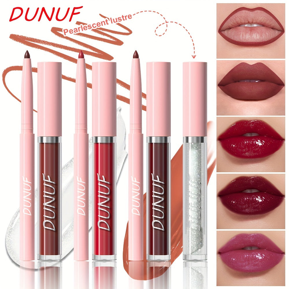 DUNUF 3-in-1 Lip Set includes velvet matte lip gloss, lip liner pencil, and lip oil, suitable for all skin types and waterproof.