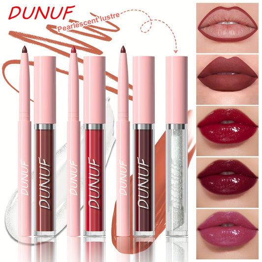 DUNUF 3-in-1 Lip Set includes velvet matte lip gloss, lip liner pencil, and lip oil, suitable for all skin types and waterproof.