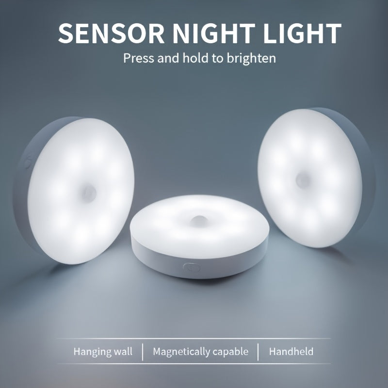 Three magnetic LED motion sensor lights with USB rechargeable feature. Ideal for office, bedroom, stairs, and basement. Available in warm white and white options.