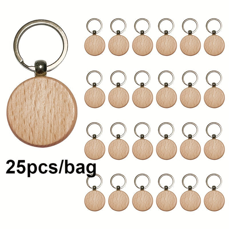 Wooden keychains are available in packs of 25, each bag containing a mix of round, rectangle, and heart-shaped blanks that are perfect for laser engraving.