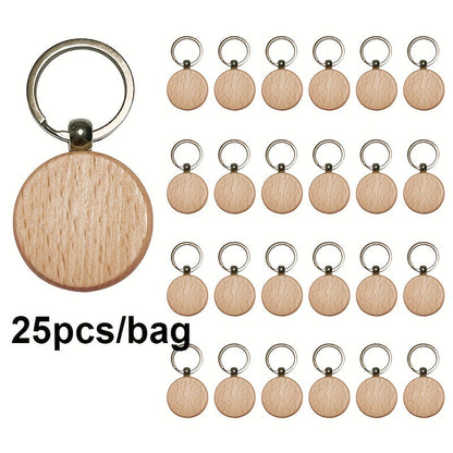 Wooden keychains are available in packs of 25, each bag containing a mix of round, rectangle, and heart-shaped blanks that are perfect for laser engraving.