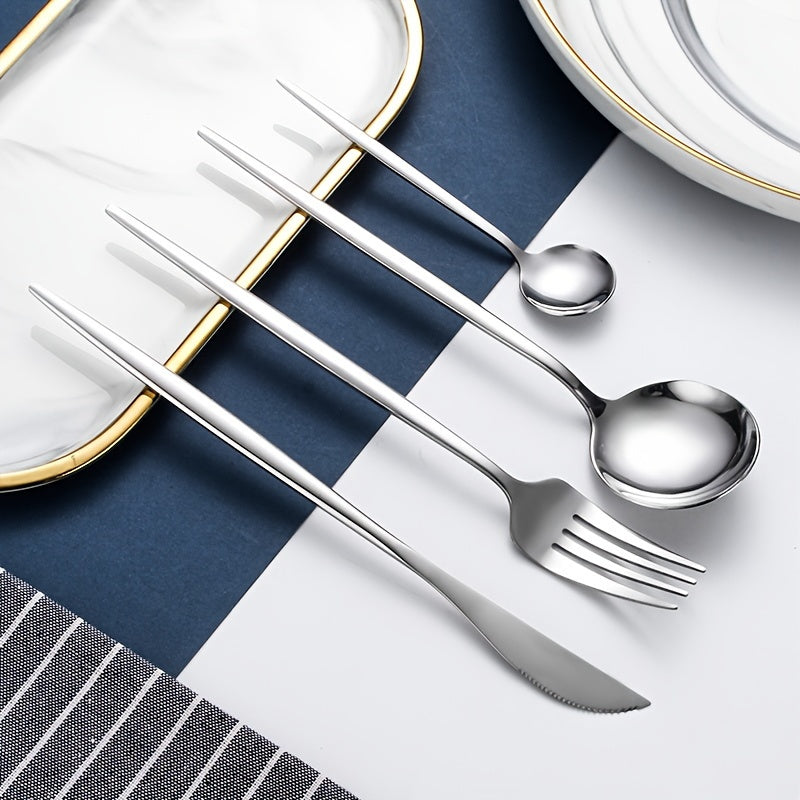 30-piece Stainless Steel Portuguese Cutlery Set with Thin Handles, ideal for steak, dinner, and dessert, perfect for households, hotels, and restaurants.