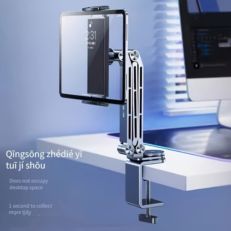 Adjustable aluminum tablet stand with 360° rotation and multi-angle folding arm desk mount for iPad.