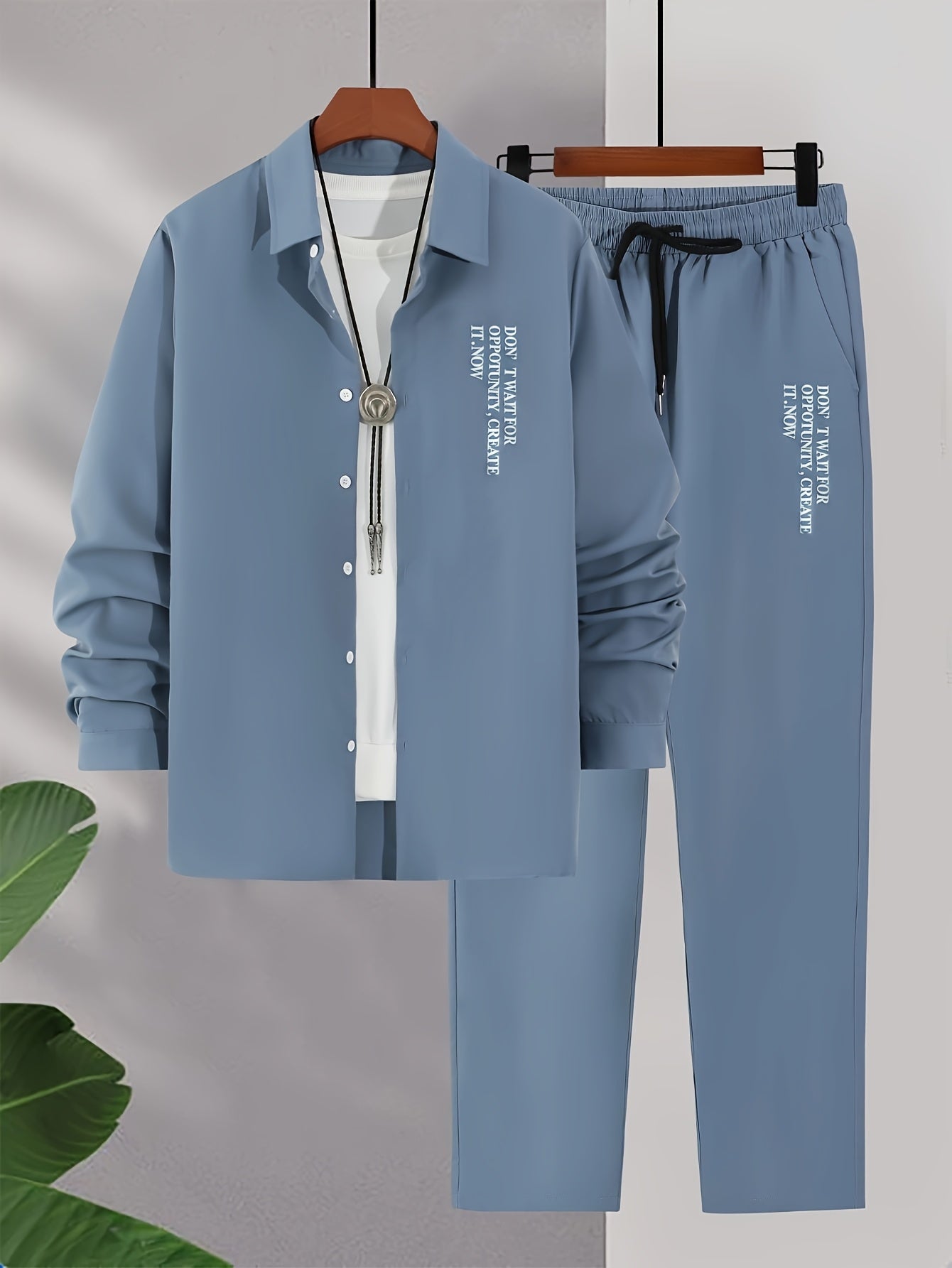 Men's 2-piece casual outdoor set includes a printed long sleeve button-up shirt and drawstring pants made of durable polyester. Machine washable and ideal for spring/fall.