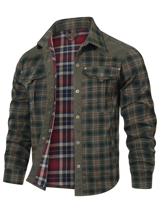 Premium plaid jacket for men - casual polyester, button-up with collar for spring/fall.