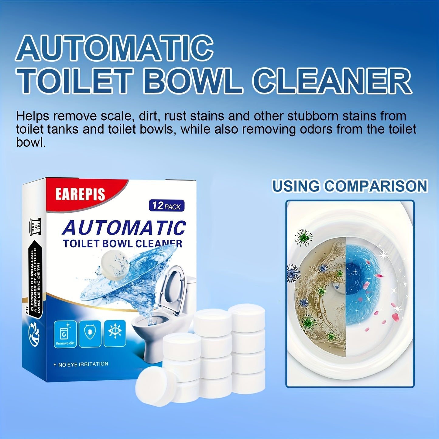 Fast-acting toilet bowl cleaner tablets that are safe for all toilet models, penetrate stains, and remove odors while leaving a long-lasting freshness.