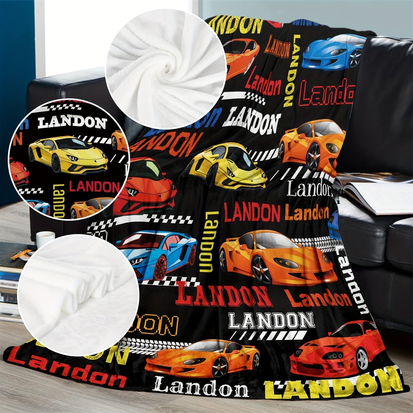 Flannel Throw Blanket Featuring Custom Name "Landon" - Modern Design, Digital Printed All-Season Blanket, Easy to Clean in Washing Machine, Versatile for Couch, Bed, Travel, and Office Use - Made of Soft and Cozy 100% Polyester Material, Size 149.86 x