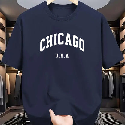 Chicago USA print men's t-shirt made of 100% polyester knit fabric. Features a casual crew neck tee with slight stretch, regular fit, and geometric pattern. Comfortable, elastic, and ideal