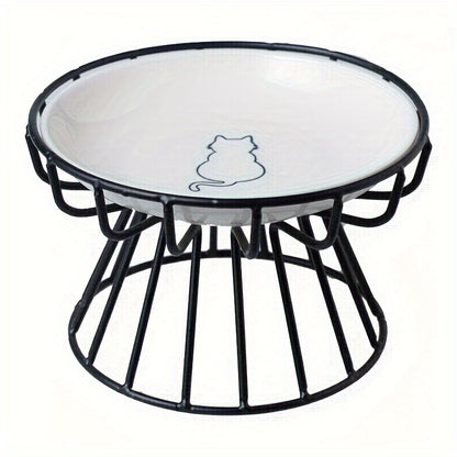 Ceramic cat bowls with stand, raised for neck protection, whisker-friendly design with cat silhouette.