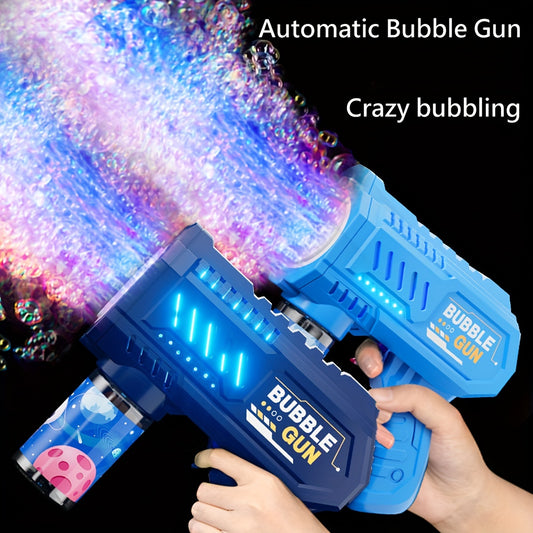 Bubble gun toy with LED light, handheld magic blaster, 10-hole plastic design for ages 3-12. Perfect for parties and gifts, no bubble solution or batteries needed.