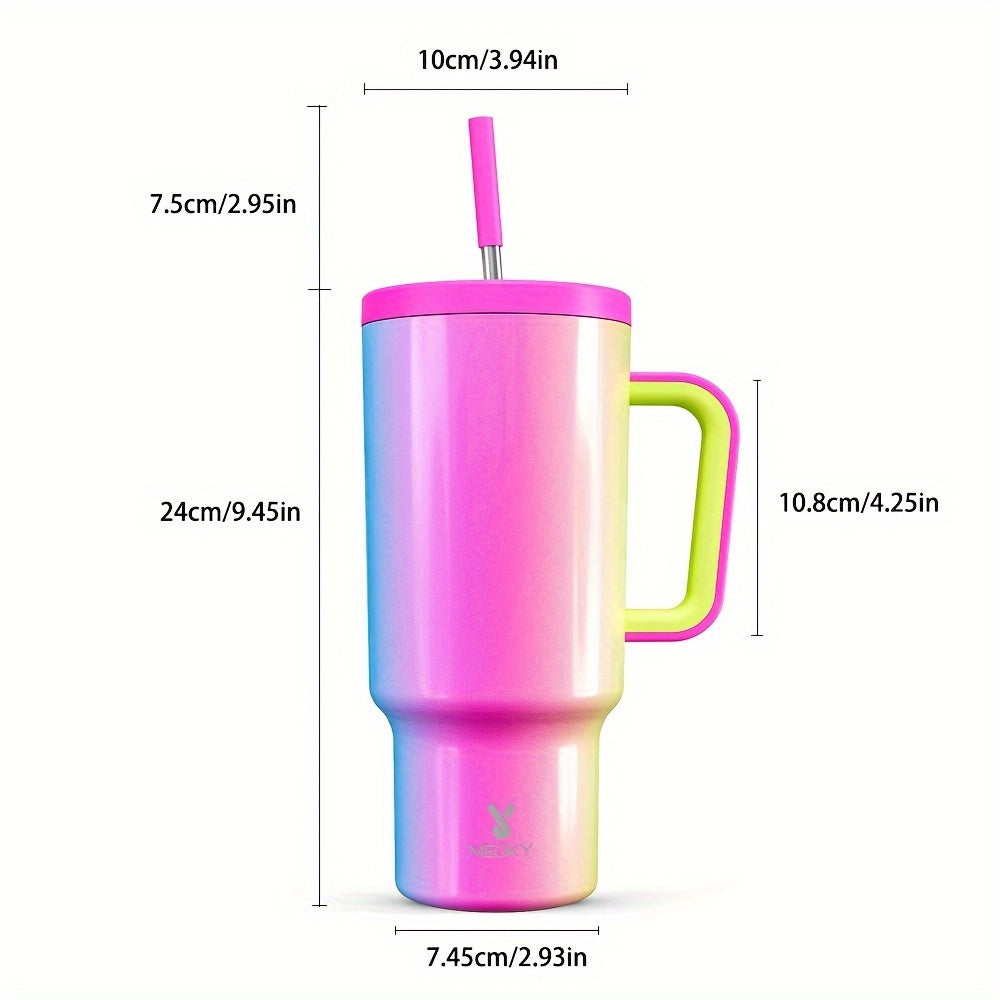 MEOKY 40oz Stainless Steel Tumbler with Lid, Straw, and Handle, Insulated, Leak Proof, BPA Free, Hand Wash Only, Perfect for Outdoor Activities.