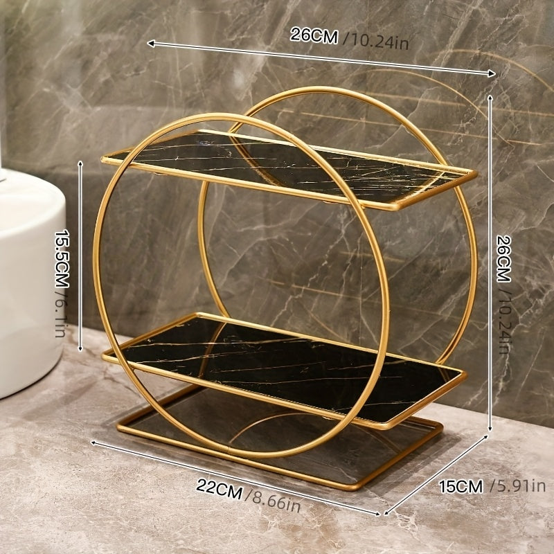 Golden round metal shelf with UV coating, ideal for organizing cosmetics and skincare products in the bathroom or living room. Two-tiered, detachable, and portable design.