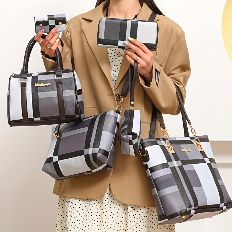 Checkered 6-piece fashion handbag set includes faux leather tote, crossbody, and shoulder bags with a simple versatile design for women.