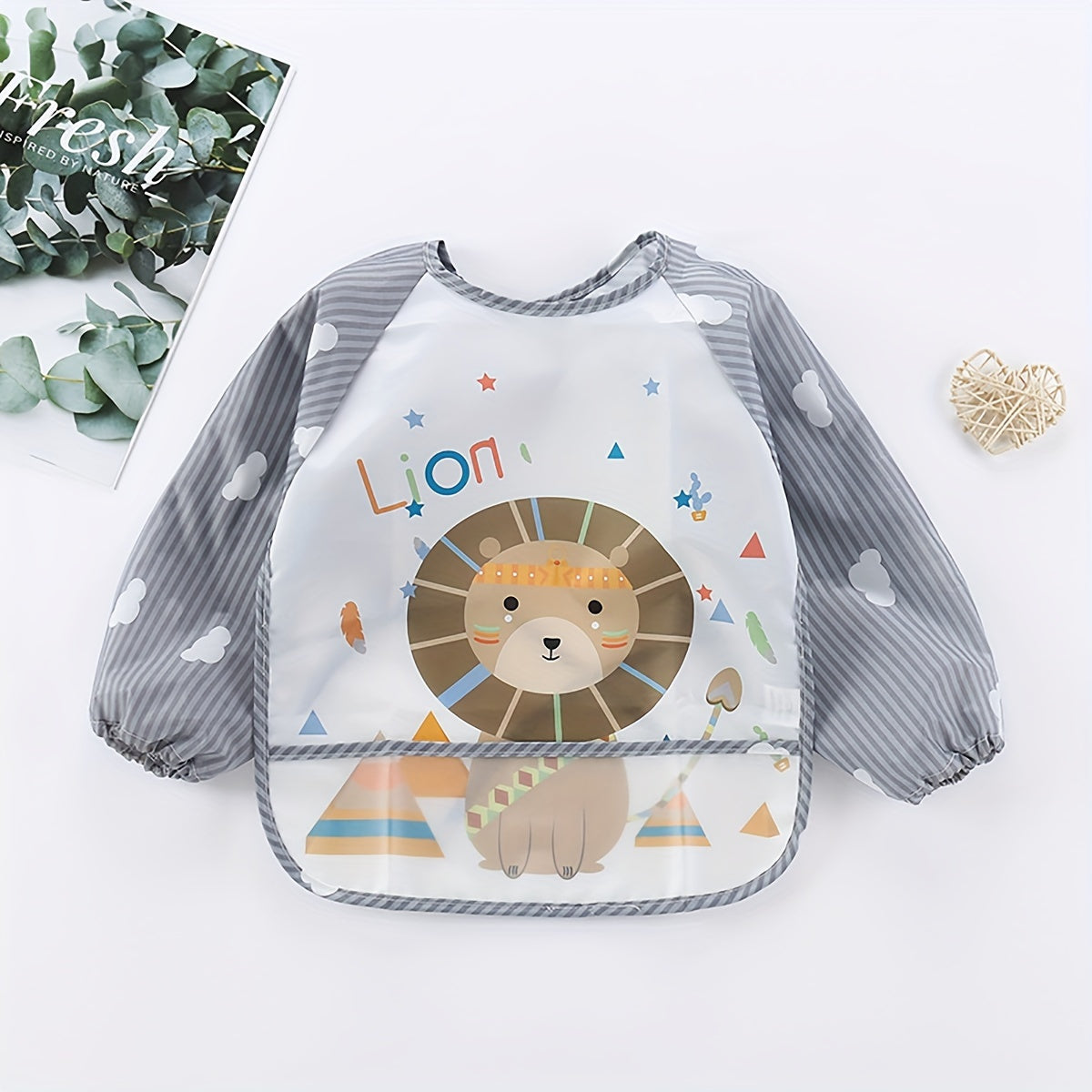 Waterproof Long-Sleeve Feeding Bib for Kids - Grey, Made of Polyester Fiber