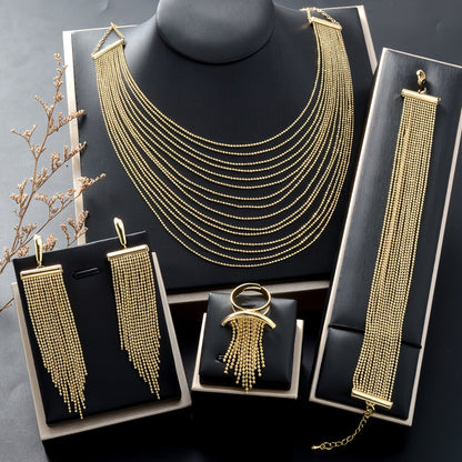 ZEADEAR Copper Jewelry Set includes a pair of dangle earrings, a ring, and a necklace all featuring tassel design. Perfect for women to wear at wedding parties or as stylish decor.