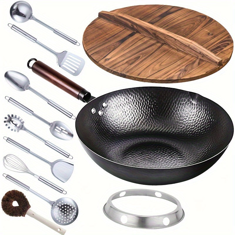 Set of 12 Chinese Hammered Iron Woks with a 32cm Wooden Lid, Kitchen Cookware made of Cast Iron, Safe Utensils for Cooking at Home