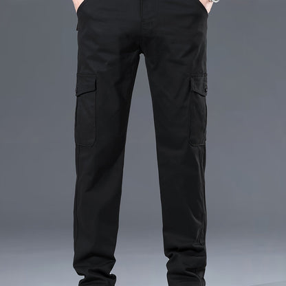 Men's cotton cargo pants, with 97% cotton 3% spandex blend, solid color, regular fit, zipper fly, multiple pockets, all-season wear.