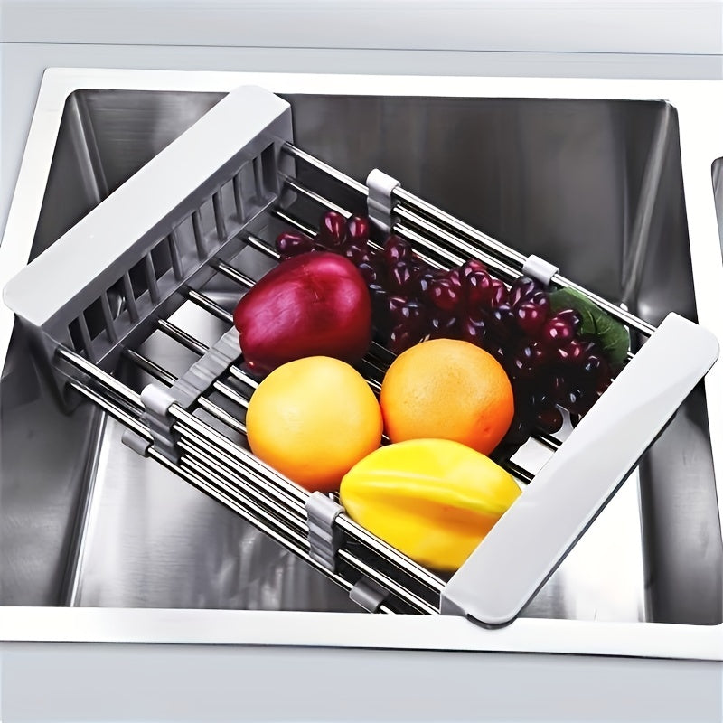 Adjustable Stainless Steel Kitchen Sink Rack with Retractable Dish Drainer, Safe for Food Use, Comes in Large and Small Sizes.