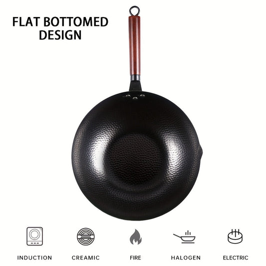 TIROTO 12-piece Wok Set includes a 32cm Uncoated Hammered Iron Pan with Wooden Lid. This induction-compatible pan is non-stick and suitable for use on gas stove, electric, and halogen cooktops. Experience Chinese-style cooking with this versatile