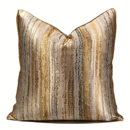 Luxurious golden geometric stripe polyester throw pillow cover in multicolor with high-precision jacquard, stain-resistant, zip closure. Ideal for living room sofa and car decor. Dimensions are 44.98cm x 44.98cm. Insert not included. Great decorative