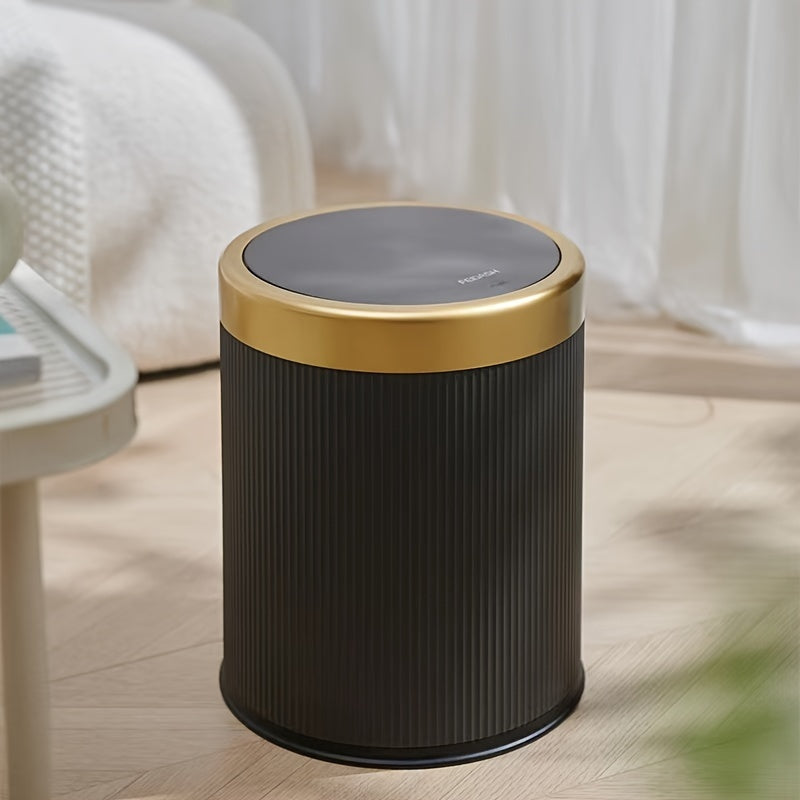 Cylindrical covered trash can for kitchen, bedroom, and living room with manual lifting lid.