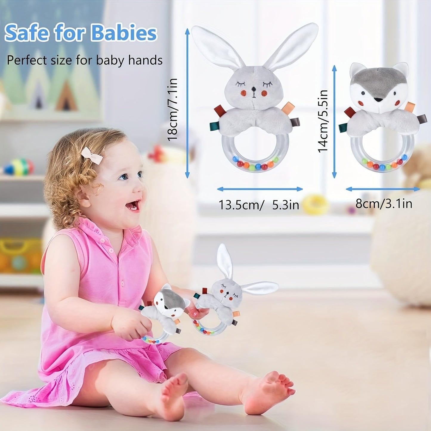 Soft hand bell grip rocking bed pleated squeaky baby rattles for newborns, perfect for babies 0-6 months. Ideal travel accessories for babies 0-3 months and beyond. Suitable for 3, 6, 9, and 12 months old babies.