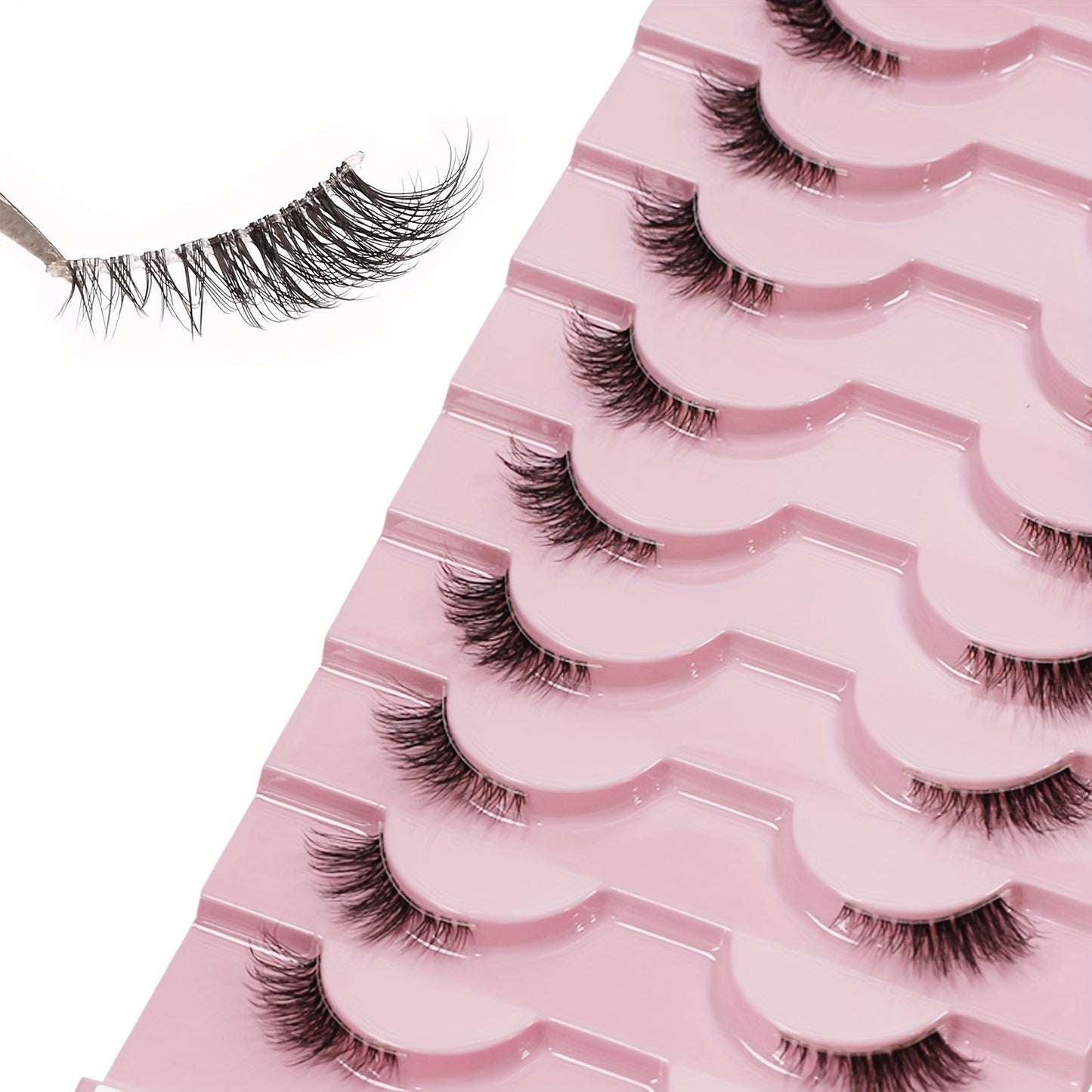 Set of 10 pairs of luxurious false eyelashes in various styles with mixed lengths and ultra-thin fibers for easy application and reusability. Includes 3D wispy cat eye lashes with