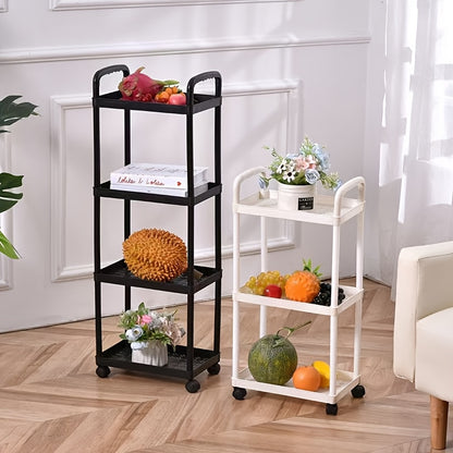 Durable plastic storage cart with multiple tiers for organizing kitchen, bathroom, and bedroom. Easy to assemble with baskets, bins, and containers for home organization.