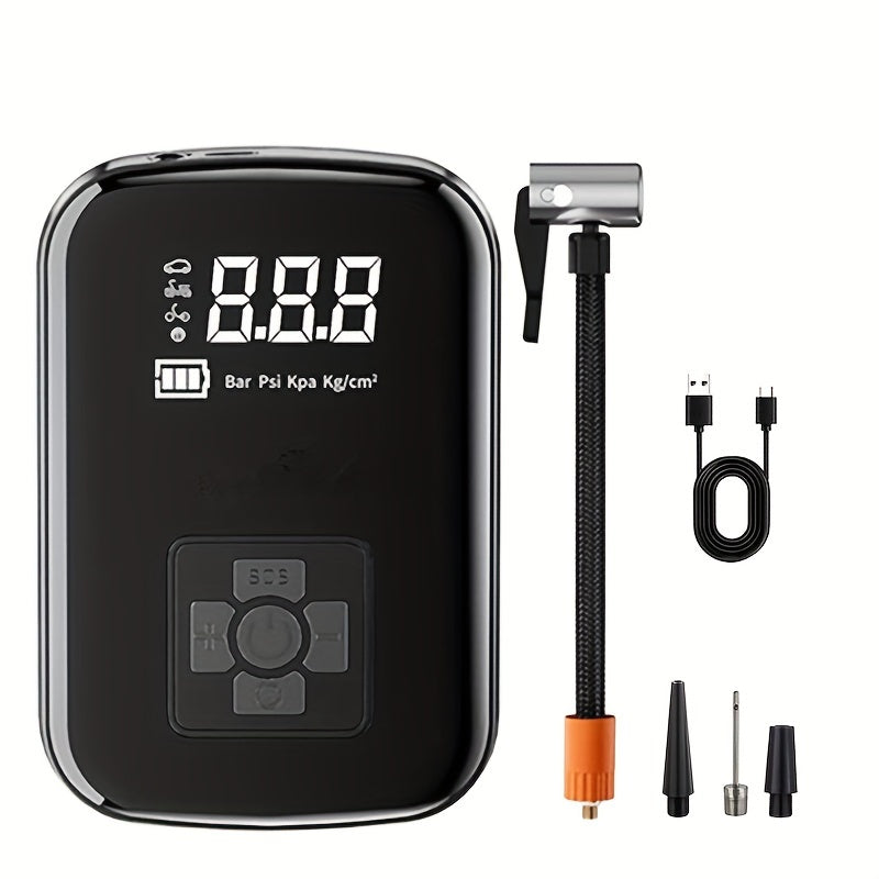 150W portable car tire inflator with LED light, USB rechargeable, safe and efficient for various inflatables.