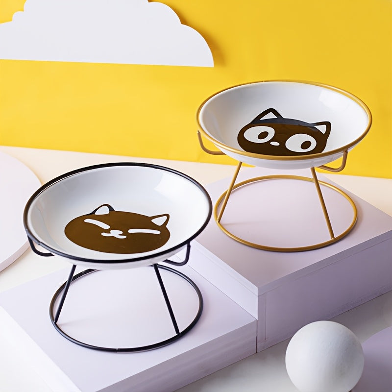 Pack of 2 includes 1pc Shelf + 1pc Bowl Ceramic Cat High Table Bowl with Cartoon Pattern. Health-conscious design suitable for pet feeding at home.